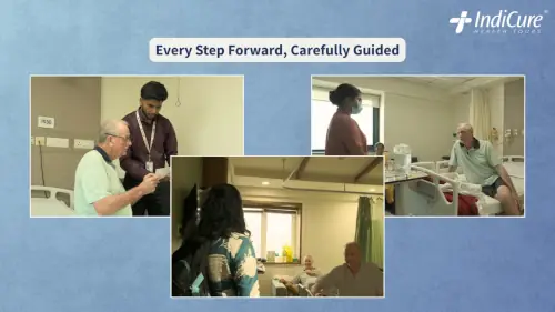 A collage of three photos showing Paul Evans receiving personalized care from hospital staff and the IndiCure team during his recovery in India.